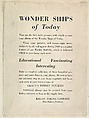 Announcement for Kelley's Weekly Bulletin with cards from the Wonder Ships of Today series (D90), issued by the Kelley Baking Company, including cards S. S. Uruguay, M. V. Britannic, M. S. Pilsudski, S. S. Quirigua, S. S. Queen Mary, S. S. Lurline, S. S. Excalibur, S. S. Empress of Britain, Kelley Baking Company  American, Commercial color lithograph