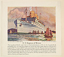 S. S. Empress of Britain, collector card from the Wonder Ships of Today series (D90), issued by the Kelley Baking Company, Kelley Baking Company  American, Commercial color lithograph