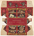 Barnum's Animals Crackers packaging featuring images of Tiger, Lion, Polar Bear, Bison, Rhinoceros, Elephant, American Elk, Asiatic Camel; part of the Barnums Animals series (D14), issued by the National Biscuit Company to promote their product, Barnum's Animals Crackers, National Biscuit Company  American, Commercial color lithograph