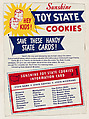 Sunshine Toy State Cookies packaging featuring card No. 1 in series, includes Alabama, Arizona, Arkansas, California, Colorado, Connecticut, Delaware, Florida (D74); issued by Sunshine Biscuits Inc., Sunshine Biscuits, Inc.  American, Commercial color lithograph