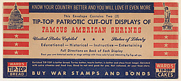 United States Capitol, Statue of Liberty, bakery insert card envelope from the Famous American Shrines series (D29), issued by the Ward Baking Company, Ward Baking Company, Commercial color lithograph
