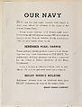 Announcement for Kelley's Weekly Bulletin with first eight cards from the Our Navy series (D62) to be cut out and pasted in album, issued by the Kelley Baking Company, including U. S. S. North Carolina, U. S. S. Enterprise, U. S. S. Portland, U. S. S. Wichita, U. S. S. Edison (439), U. S. S. Fanning (385), U. S. S. Tambor (198), U. S. S. Erie, Kelley Baking Company American, Commercial color lithograph
