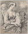 Roma Mother with Children, Cornelis Visscher Dutch, Black chalk with brush and dark gray wash