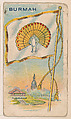 Flag of Burmah, from the New Flags series (E18, Type B) issued by Charles F. Adams Manufacturing Confectioner, Charles F. Adams, Manufacturing Confectioner, Lancaster, Pennsylvania  American, Commercial color lithograph