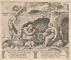 Plate 1: Apuleius changed into a donkey, listening to the story told by the old woman, from "The Story of Cupid and Psyche as told by Apuleius", Master of the Die Italian, Engraving