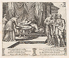 Plate 8: Psyche seated at a table attended by invisible servants, as Cupid rests his head on her shoulder, at right four men standing singing from an open book, one playing a lute, from "The Story of Cupid and Psyche as told by Apuleius", Master of the Die Italian, Engraving