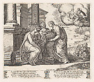 Plate 11: Psyche offering presents to her sisters who also appear on the clouds at upper right, from "The Story of Cupid and Psyche as told by Apuleius", Master of the Die Italian, Engraving