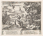 Plate 14: Psyche kneeling in the foreground as Cupid flees from her, from "The Story of Cupid and Psyche as told by Apuleius", Master of the Die Italian, Engraving