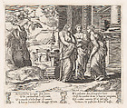 Plate 15: Psyche telling her sisters about her misfortunes, with her sisters falling off of a precipice at upper left, from "The Story of Cupid and Psyche as told by Apuleius", Master of the Die Italian, Engraving