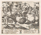 Plate 18: Venus in her dove-drawn chariot complaining to Jupiter, who is accompanied by Mercury and an eagle, at left Mercury has descended to earth, from "The Story of Cupid and Psyche as told by Apuleius", Master of the Die Italian, Engraving