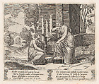 Plate 19: Ceres at right, leaning on a pedestal, refusing to assist Psyche, from "The Story of Cupid and Psyche as told by Apuleius", Master of the Die Italian, Engraving