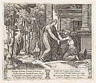 Plate 20: Juno, standing at left, sends away Psyche, who kneels before her, from "The Story of Cupid and Psyche as told by Apuleius", Master of the Die Italian, Engraving