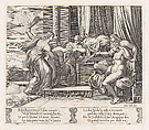 Plate 21: Female personifications of Sorrow and Pain at right punishing Psyche at the behest of Venus, who sits at right, from "The Story of Cupid and Psyche as told by Apuleius", Master of the Die Italian, Engraving