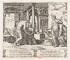 Plate 22: Venus standing at right ordering Psyche to sort a pile of grain, at left the same pair hold a loaf of bread, from "The Story of Cupid and Psyche as told by Apuleius", Master of the Die Italian, Engraving