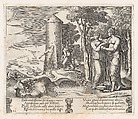 Plate 24: Venus and Psyche standing at right, pointing to the underworld at center, into which Psyche enters, from "The Story of Cupid and Psyche as told by Apuleius", Master of the Die Italian, Engraving
