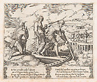 Plate 25: Psyche setting off in Charon's boat, ignoring the old man at left who requests alms, from "The Story of Cupid and Psyche as told by Apuleius", Master of the Die Italian, Engraving