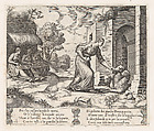 Plate 26: Psyche enters the underworld giving an offering to Cerberus, with two elderly women at left, from "The Story of Cupid and Psyche as told by Apuleius", Master of the Die Italian, Engraving