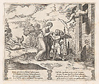 Plate 28: Psyche, wanting to appear more beautiful opens the box, as Cupid arrives in the upper right, and at left his arrow pierces Psyche, who has fallen to the ground, from "The Story of Cupid and Psyche as told by Apuleius", Master of the Die Italian, Engraving