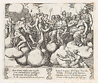Plate 30: Venus and Cupid pleading their case before Jupiter and other Gods with Mercury transporting Psyche to the heavens at lower right, from "The Story of Cupid and Psyche as told by Apuleius", Master of the Die  Italian, Engraving