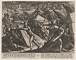 Plate 32: Dutch and Germans Atttack the Roman Camp and Capture Cerialis' Boat, from The War of the Romans Against the Batavians (Romanorvm et Batavorvm societas), Antonio Tempesta  Italian, Etching, first state of two, issue 1 (Bartsch)