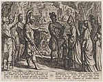 Plate 28: Cologne Troops Bring Civilis' Wife and Sister to Cerialis, from The War of the Romans Against the Batavians (Romanorvm et Batavorvm societas), Antonio Tempesta  Italian, Etching, first state of two, issue 1 (Bartsch)