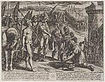Plate 21: Envoys from Cologne Bring Presents to Civilis, from The War of the Romans Against the Batavians (Romanorvm et Batavorvm societas), Antonio Tempesta  Italian, Etching, first state of two, issue 1 (Bartsch)