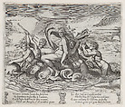 Plate 16: A white bird tells Psyche of Cupid's illness, as she rides dolphins on the sea accompanied by tritons and nereids, from "The Story of Cupid and Psyche as told by Apuleius", Master of the Die Italian, Engraving