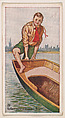 Card 29, To Get into a Rowing Boat, from the Boy Scouts series (E41), issued by the Scout Gum Company or to promote Harlequin Taffy Candy, Scout Gum Company, Rochester, New York or American, Commercial color lithograph