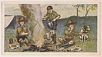 Card 6, Boy Scouts Evening Meal, from the Boy Scouts series (E41), issued by the Scout Gum Company or to promote Harlequin Taffy Candy, Scout Gum Company, Rochester, New York or American, Commercial color lithograph