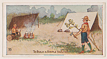 Card 35, To Build a Simple Shelter, from the Boy Scouts series (E41), issued by the Scout Gum Company or to promote Harlequin Taffy Candy, Scout Gum Company, Rochester, New York or American, Commercial color lithograph