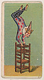 Clown balancing upside down on chair, from the Circus Caramels series (E43) issued by the American Caramel Company to promote Circus Caramels, American Caramel Company, Philadelphia American, Commercial color lithograph