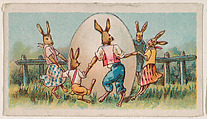 Family of rabbits dancing around a large Easter egg, from the Easter Subjects series (E45) issued by the American Caramel Company to promote Easter Caramels, American Caramel Company, Philadelphia American, Commercial color lithograph
