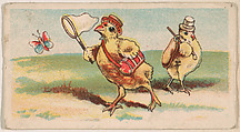 Easter chicks running with butterfly nets, from the Easter Subjects series (E45) issued by the American Caramel Company to promote Easter Caramels, American Caramel Company, Philadelphia American, Commercial color lithograph