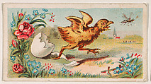 Newly hatched chick chasing insect, from the Easter Subjects series (E45) issued by the American Caramel Company to promote Easter Caramels, American Caramel Company, Philadelphia American, Commercial color lithograph