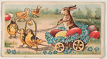 Rabbit driving carriage pulled by team of chicks, from the Easter Subjects series (E45) issued by the American Caramel Company to promote Easter Caramels, American Caramel Company, Philadelphia American, Commercial color lithograph