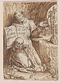 Saint Francis Kneeling in a Grotto, holding a Book and a Skull, Nicolaas van der Horst  Flemish, Pen and brown ink, brown washes; incised for transfer