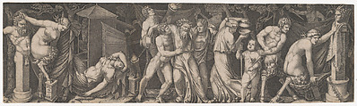 A Bacchanal; Silenus supported by two bacchants in the center, at left a female satyr reclining on a bed and another holding onto the horns on a statue of Priapus while she tries to impale herself on his phallus, with various other figures, Marcantonio Raimondi  Italian, Engraving