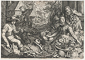 Market Scene, the Rest on the Flight into Egypt in the Background, from Kitchen and Market Scenes with Biblical Scenes in the Background, Jacob Matham  Netherlandish, Engraving; first state of two