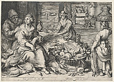 Kitchen Scene with a Maid Drawing Poultry, the Parable of the Rich Man and the Poor Lazarus, from Kitchen and Market Scenes with Biblical Scenes in the Background, Jacob Matham  Netherlandish, Engraving; first state of two