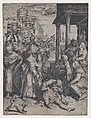 Saint Paul raising Patroclus who is on the ground, surrounded by a group of onlookers, a dog in the foreground at left, Agostino Carracci  Italian, Engraving
