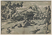 David and Goliath, Ugo da Carpi  Italian, Chiaroscuro woodcut from three blocks in green