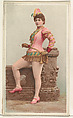 Actress wearing pink costume with brass horn on hip, from Stars of the Stage, Second Series (N130) issued by Duke Sons & Co. to promote Honest Long Cut Tobacco, W. Duke, Sons & Co. American, Commercial color lithograph