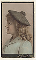 Actress wearing unstructured cloth cap, from Stars of the Stage, Third Series (N131) issued by Duke Sons & Co. to promote Honest Long Cut Tobacco, Issued by W. Duke, Sons & Co. (New York and Durham, N.C.), Commercial color lithograph