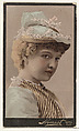 Blonde actress wearing petite straw-brimmed cap decorated with white flowers, from Stars of the Stage, Third Series (N131) issued by Duke Sons & Co. to promote Honest Long Cut Tobacco, W. Duke, Sons & Co.  American, Commercial color lithograph