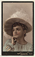 Actress wearing wide-brimmed hat decorated with white feathers, from Stars of the Stage, Third Series (N131) issued by Duke Sons & Co. to promote Honest Long Cut Tobacco, W. Duke, Sons & Co.  American, Commercial color lithograph