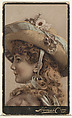 Actress in profile wearing wide brimmed straw hat decorated with flowers, from Stars of the Stage, Third Series (N131) issued by Duke Sons & Co. to promote Honest Long Cut Tobacco, W. Duke, Sons & Co.  American, Commercial color lithograph