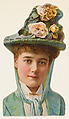 Actress wearing blue hat with flowers, from Stars of the Stage, Fourth Series (N132) issued by Duke Sons & Co. to promote Honest Long Cut Tobacco, W. Duke, Sons & Co. American, Commercial color lithograph