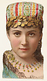 Actress wearing cap decorated with coins, from Stars of the Stage, Fourth Series (N132) issued by Duke Sons & Co. to promote Honest Long Cut Tobacco, W. Duke, Sons & Co. American, Commercial color lithograph