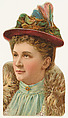 Actress wearing pink hat with multi-colored feathers, from Stars of the Stage, Fourth Series (N132) issued by Duke Sons & Co. to promote Honest Long Cut Tobacco, W. Duke, Sons & Co. American, Commercial color lithograph