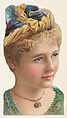 Actress wearing blue and yellow unstructured hat, from Stars of the Stage, Fourth Series (N132) issued by Duke Sons & Co. to promote Honest Long Cut Tobacco, W. Duke, Sons & Co.  American, Commercial color lithograph